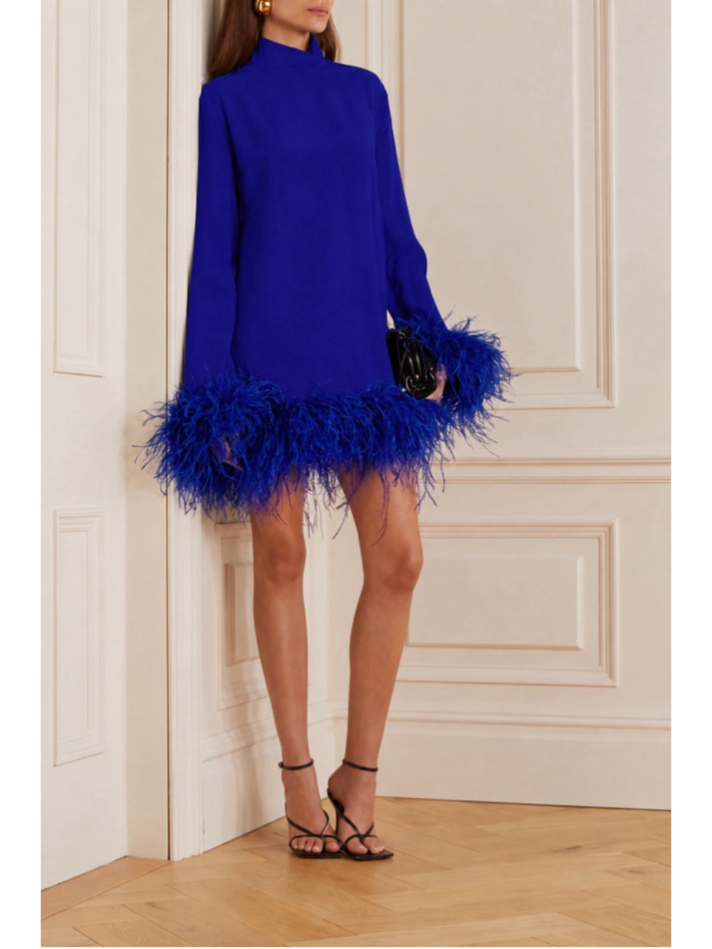 Taller Marmo Gina Feather Trimmed Crepe Mini Dress Bright Blue IT 48 US 12